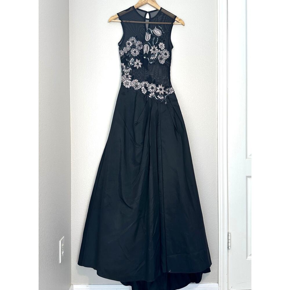 Jessica McClintock Sheer Bodice Y2K Black Vintage Formal Dress Floral Applique 2